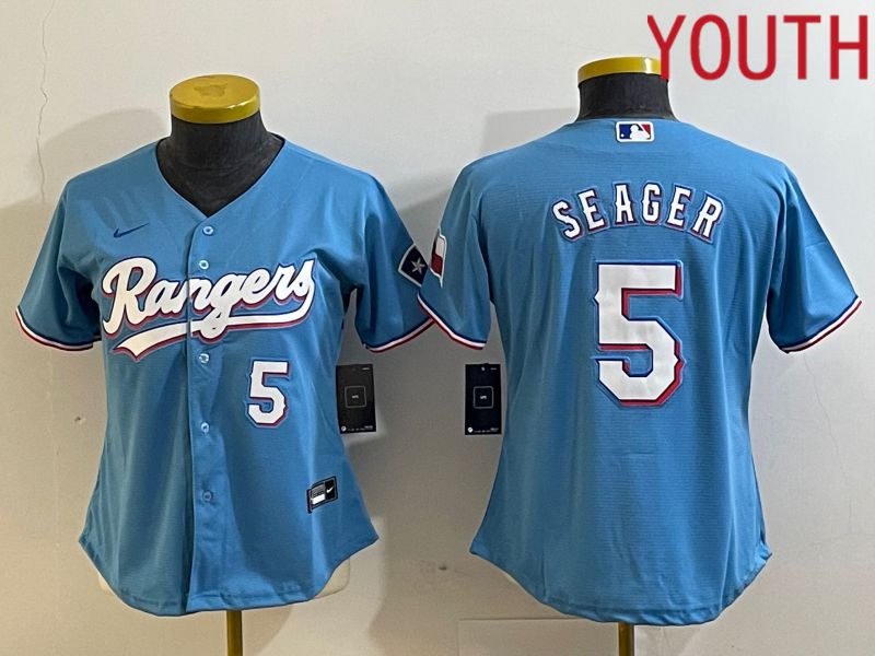 Youth Texas Rangers 5 Seager Light Blue Game Nike 2023 MLB Jersey style 2